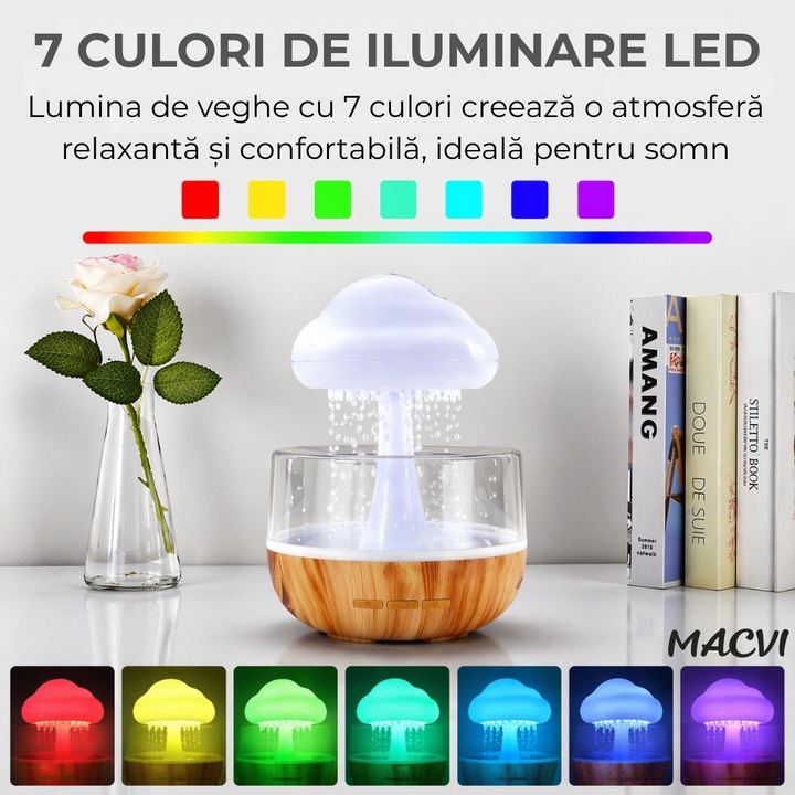 Umidificator si Difuzor Aromaterapie Macvi® Nor de Ploaie, 7 Culori LED, Sunet Relaxant, USB, 400 ml