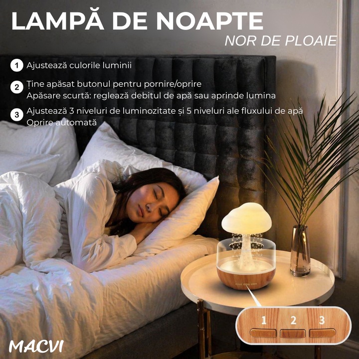 Umidificator si Difuzor Aromaterapie Macvi® Nor de Ploaie, 7 Culori LED, Sunet Relaxant, USB, 400 ml