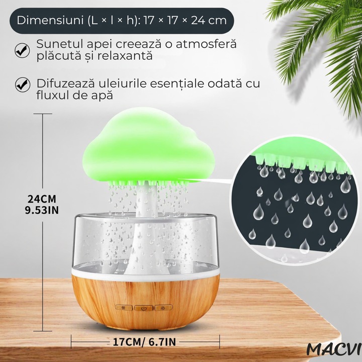 Umidificator si Difuzor Aromaterapie Macvi® Nor de Ploaie, 7 Culori LED, Sunet Relaxant, USB, 400 ml