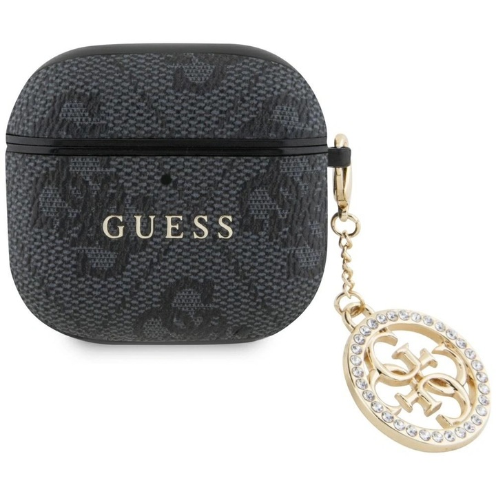 Guess 4G Strass Charm keménytok AirPods 4-hez, fekete, környezetbarát anyagból, arany részletekkel