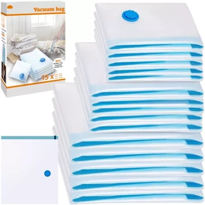 Комплект от 15 вакуумни торби idealSTORE, размери на торбата 50 x 70, 60 x 80, 70 x 100 cm, включва щипки за затваряне на торбичките, защита против прах, лесен за използване, за многократна употреба, за дрехи, одеяла, завивки и пътуване