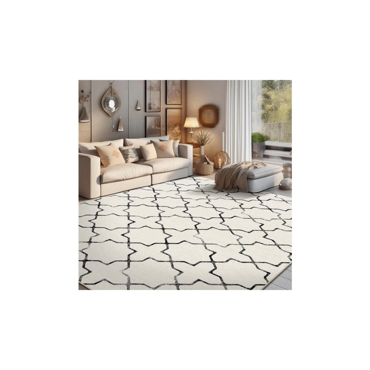 Covor Bej Natur cu Negru, Model Geometric Marocan, Stil Minimalist Modern, Fir Scurt, Antiderapant, 152 x 213