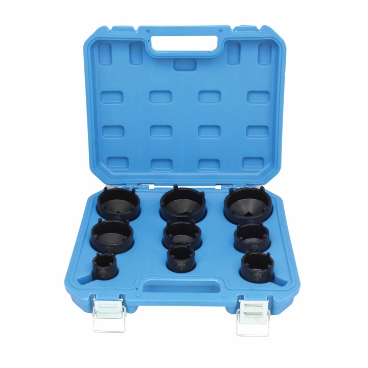 Set de unelte auto, Satra, Fara marca, Set pentru desfacerea capetelor cu caneluri, Otel cr-v, 12 piese, 1/2" si 3/4" extractor, Profil 4 pini, Inaltime 60 mm, Destinat mecanicilor si service-urilor auto