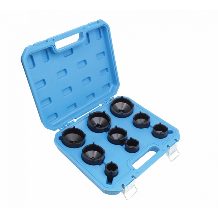 Set de unelte auto, Satra, Fara marca, Set pentru desfacerea capetelor cu caneluri, Otel cr-v, 12 piese, 1/2" si 3/4" extractor, Profil 4 pini, Inaltime 60 mm, Destinat mecanicilor si service-urilor auto