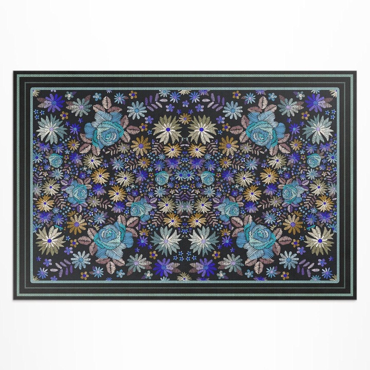 Covor pentru terasa, Wallfluent, Flori albastre si aurii, Albastru, 150x225 cm, 010260370060000273828