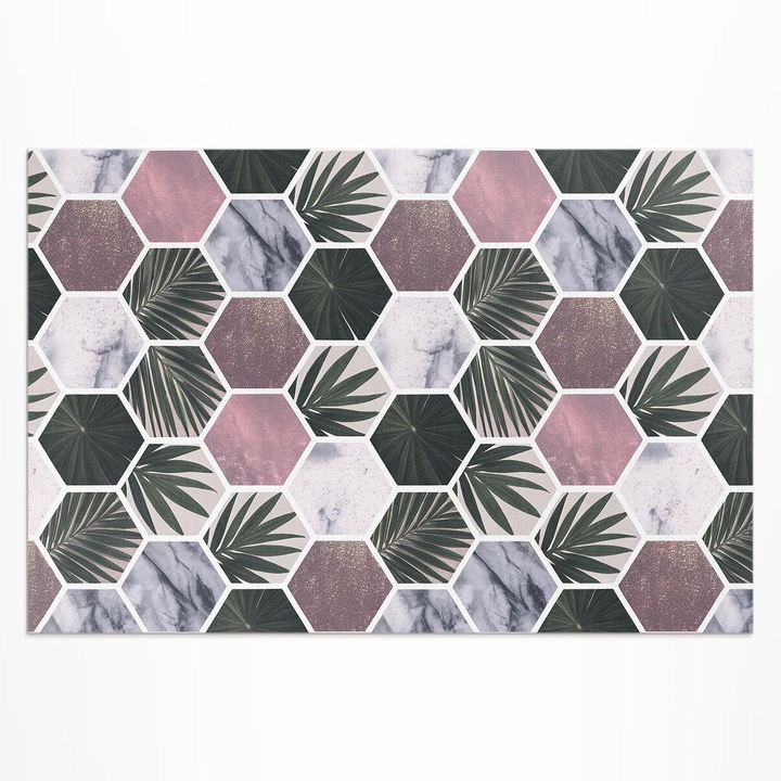 Covor de terasa, Wallfluent, Hexagoane cu frunze, Roz, 150x225 cm, 010260370060000281952