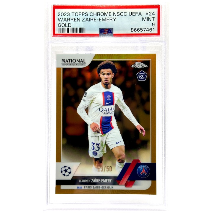 Cartonas de fotbal Topps Warren Zaire-Emery 2023-24 Topps Chrome NSCC UEFA Rookie RC GOLD 23 din 50 Nr. UEFA-24 Gradat PSA 9 PSG