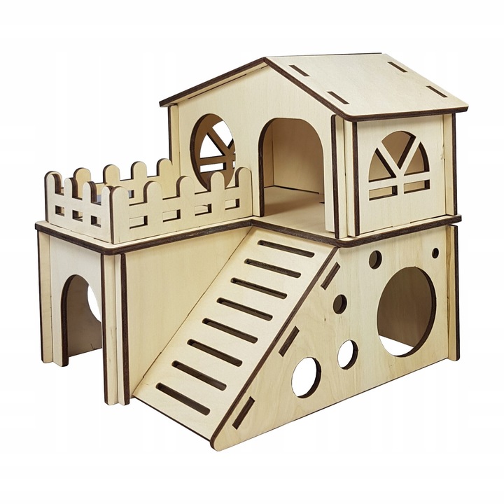 Casuta din lemn pentru hamster, GraweroweLove, 19x18,5x17,5cm, ecologic, cu balcon