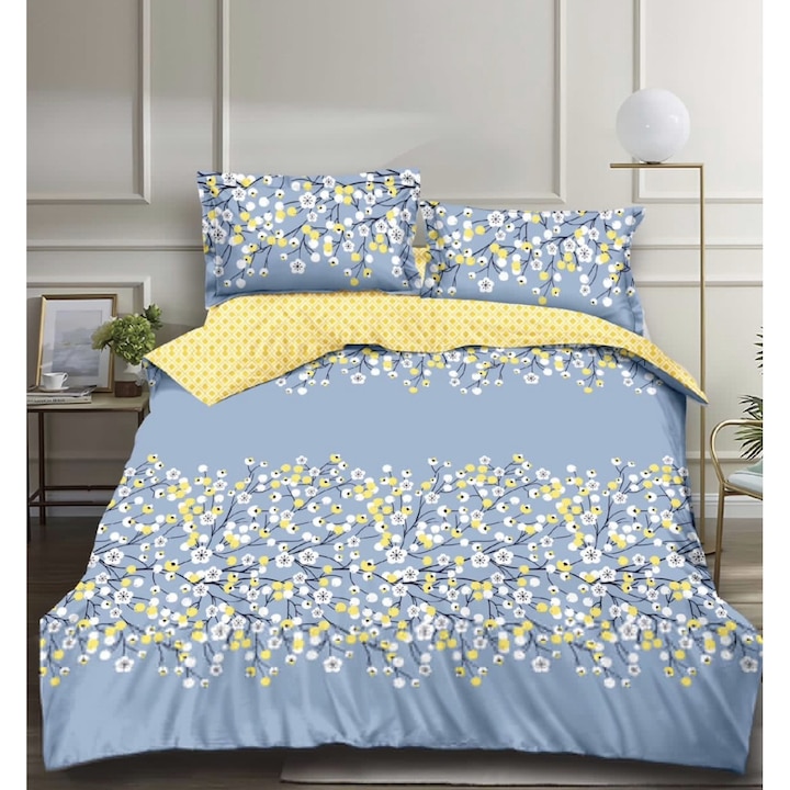 Set lenjerie 1 Persoana, Lenjerie copii, Pucioasa, Finet/Bumbac, 4 piese, Cearceaf de pat 160x220 cm, Cearceaf pilota cu Doua Fete 155x200 cm, 2 fete de perna 55 x 75 cm, Albastru/Galben, Model Floral, Y60-12