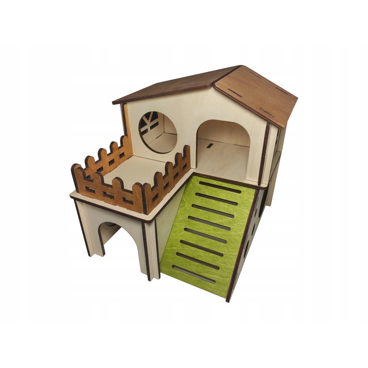 Casuta din lemn pentru hamster, GraweroweLove, 19x18,5x17,5cm, cu etaj si balcon, sigur pentru animale