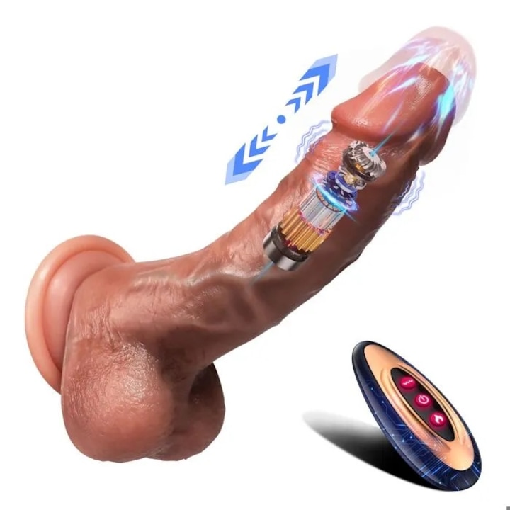 Dildo Vibrator Ultra Realistic, silicon realist, 8 viteze de impingere, 10 moduri de vibratie, 21cm, Telecomanda, Vibratii, Impingere, Rotatie si Incalzire - Silicon Sigur, Rezistent la Apa, Ventuza Puternica, Culoarea pielii