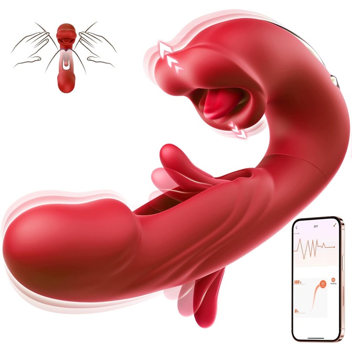 Вибратор за секс играчка, 3-в-1, Стимулация на клитора и G-точка, Стимулация на женски клитор, С 5 езика, За облизване, 7 режима на вибрация, 7 режима на пляскане, ABS и медицински силикон, Зареждане с USB, Водоустойчив, Червен