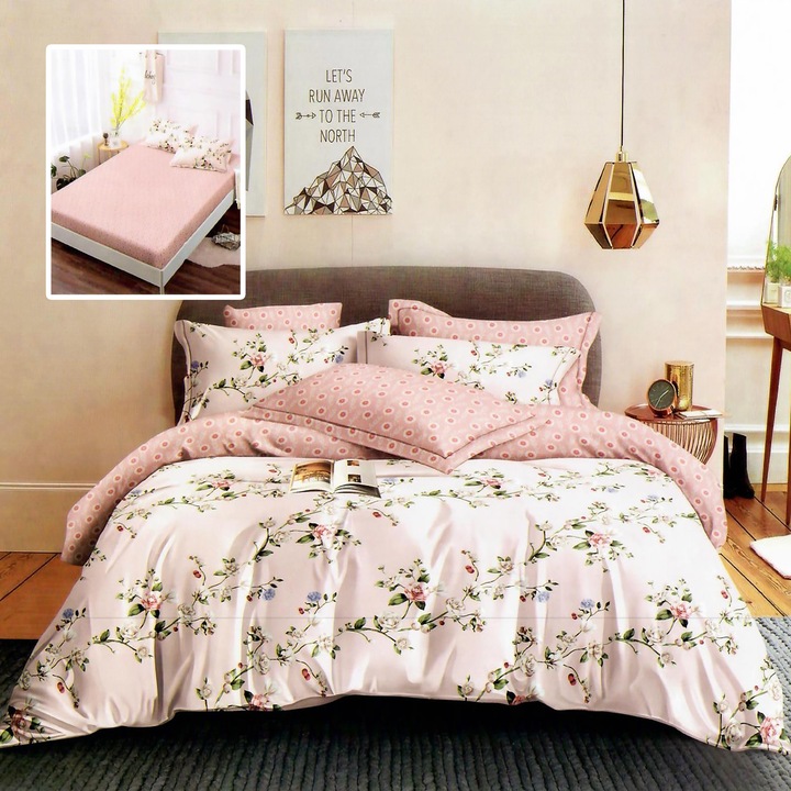Двойно спално бельо от 6 части Finet Cotton с калъф за матрак 160x200 или 180x200 см, плик за завивка 200x230 см, 2 калъфки за възглавници 50x70 и 70x70 см, бяло-розово, Sulphur HF6P303