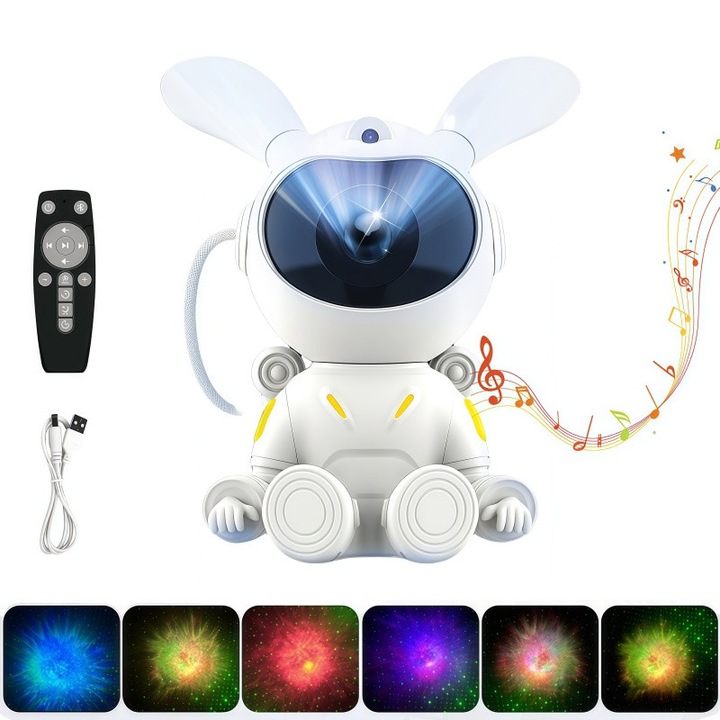 Lumina laser de proiectie cu cer instelat Space Rabbit, difuzor Bluetooth cu lumina de noapte, lumina pentru copii, telecomanda, incarcare USB, LED HD, alb