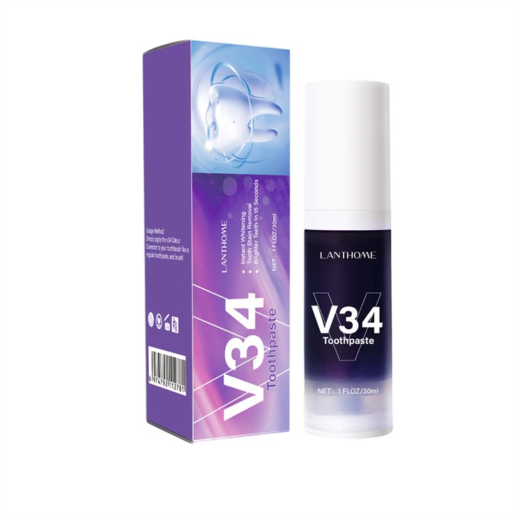 Pasta de dinti Lanthome V34, albire intensa, pasta de dinti albitoare pentru un zambet stralucitor, Elimina Petele, Improspateaza Respiratia, Repara gingiile， pasta de dinti albitoare fara peroxid, cu fluor, ，30ml