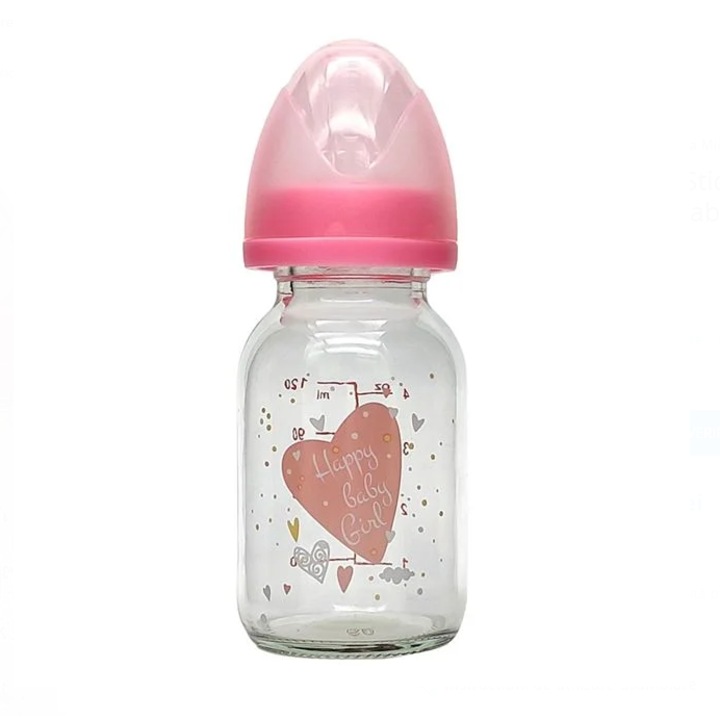 Biberon din Sticla cu Tetina din Silicon Roz Nor 120ml