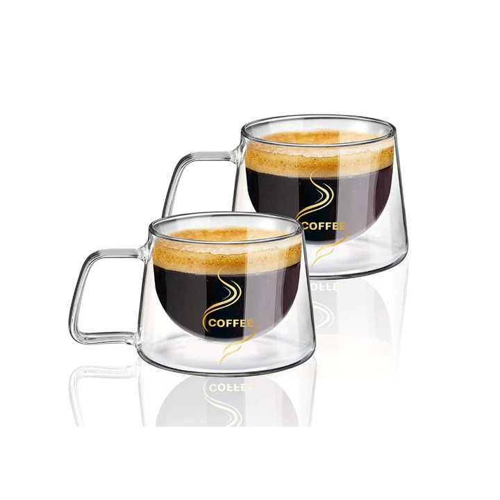 2 db kávés csésze készlet, Blusmart®, 200 ml, duplafalú üveg, hőálló, KÁVÉ üzenet, d 13x10x7,5 cm