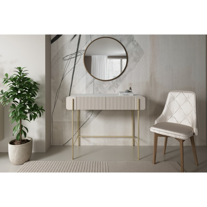 Masa De Toaleta/Machiaj, Meble Bogart, Malmi, PAL, Laminat, Numar Sertare 2, Dormitor, 100 x 85 x 42 cm, Bej/Picioare auriu