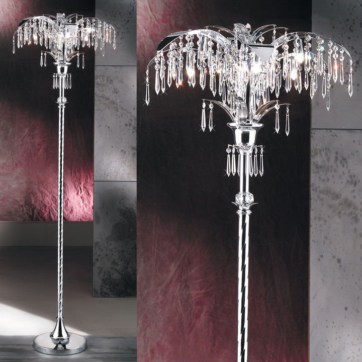 Lampadar PALME, 6 lampi G9, alama solida cromata, pandantive de cristal Schoeler, Inaltime 195cm ORION