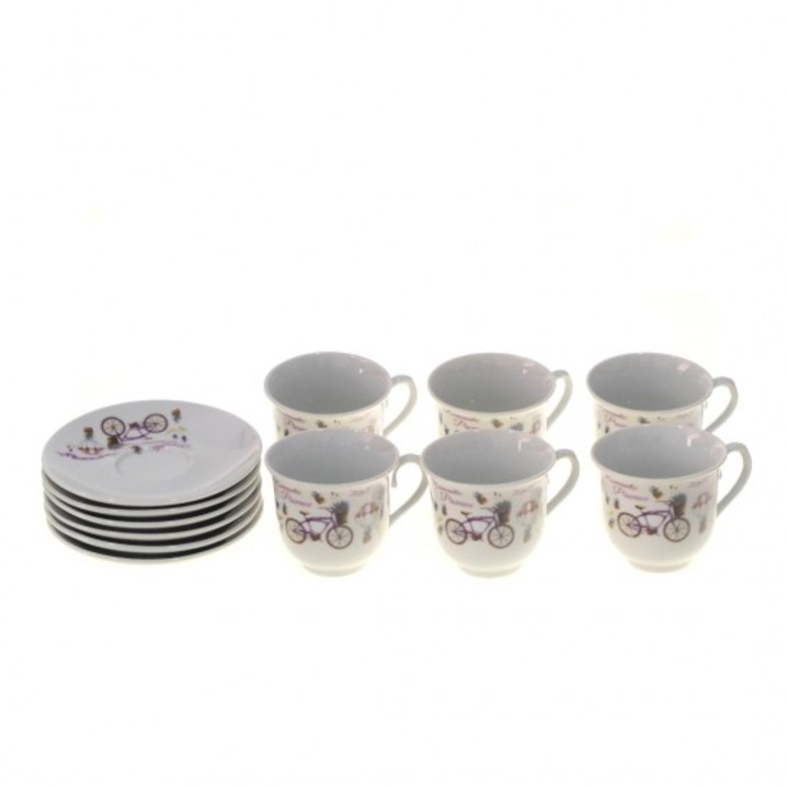 Set 6 cesti cu 6 farfuriute de cafea Blusmart, Portelan, model lavanda, 150 ml
