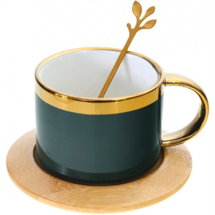 Set Cana cu lingurita si capac bambus ceramica 200ml