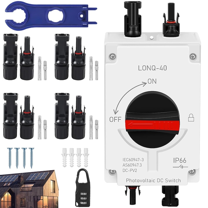 DC превключвател за фотоволтаична соларна система, Kesment, 32A 1200V, IP66, с MC4 конектори, катинар и ключове за конектор, бял/черен