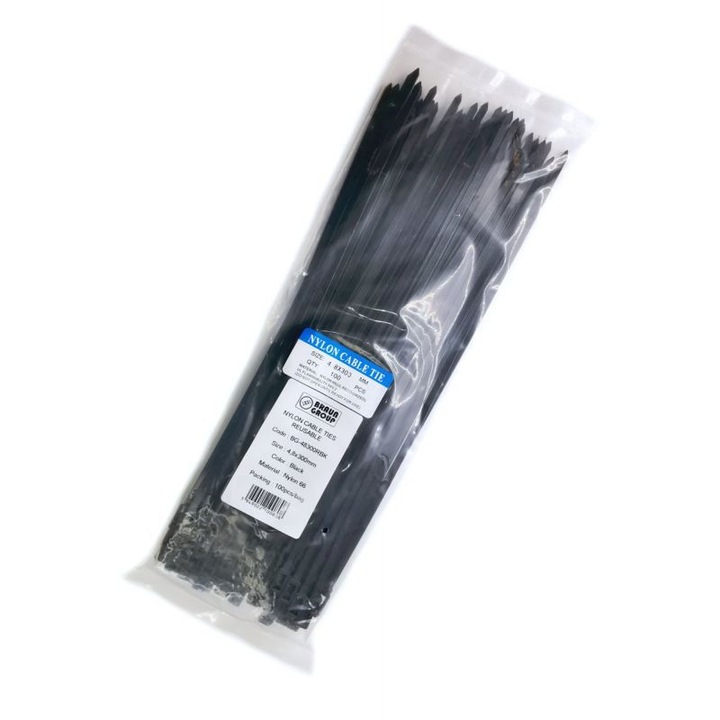 Set 100 de coliere de prindere cablu din plastic, negru, 300x4.8mm, reutilizabil