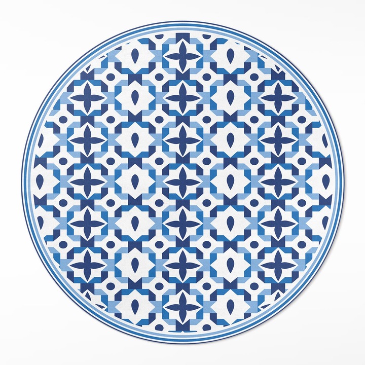 Covor interior din vinil, Wallfluent, mozaic spaniol, Albastru, Ø 130 cm, Rotund, PVC, 010260360810000019799