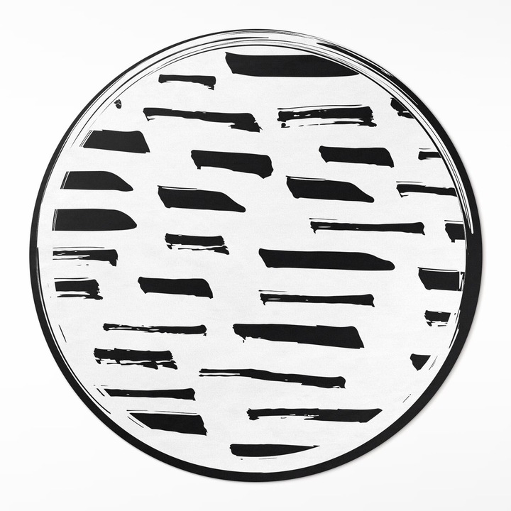 Covor de vinil, Wallfluent, Abstractie minimalista, Fractal negru alb, Ø 100 cm, Rotund, PVC, 010260360780000019797