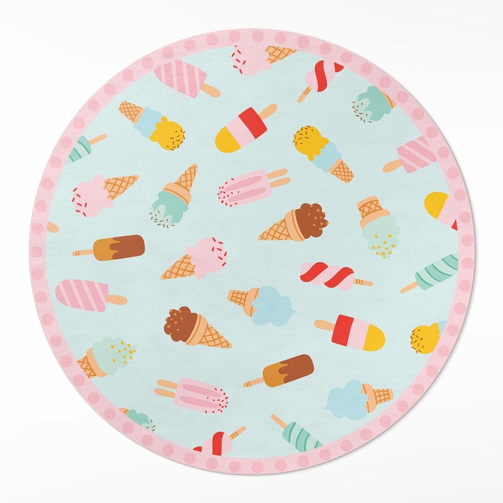 Covor de vinil, Wallfluent, Conuri dulci de inghetata, Turcoaz, Ø 100 cm, Rotund, PVC, 010260360780000019793