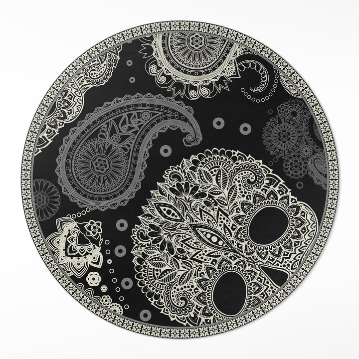 Covor de vinilacasa, Wallfluent, Craniu decorativ, Negru, Ø 100 cm, Rotund, PVC, 010260360780000019785