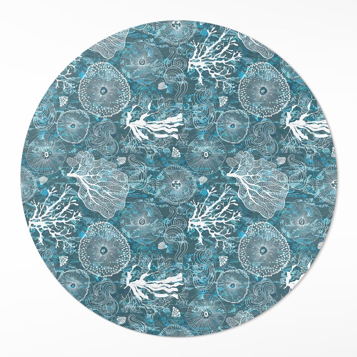 Covor de vinil, Wallfluent, Flora si fauna marina, Albastru, Ø 100 cm, Rotund, PVC, 010260360780000033479