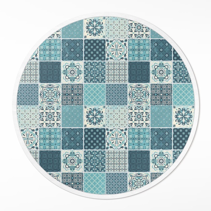 Covor de vinilacasa, Wallfluent, Mozaic cu model, Turcoaz, Ø 140 cm, Rotund, PVC, 010260360820000033504