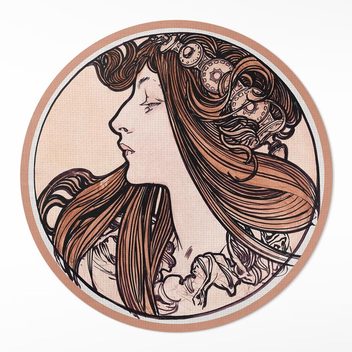 Covor de vinil, Wallfluent, Vitraliu de Alfons Mucha, Crem, Ø 140 cm, Rotund, PVC, 010260360820000281837