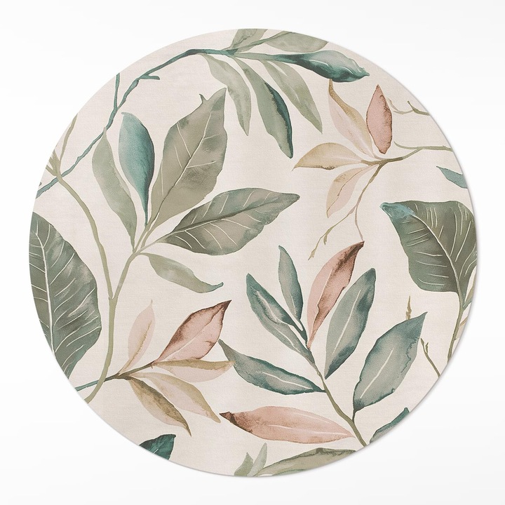 Covor interior din vinil, Wallfluent, Frunze delicate, Verde deschis, Ø 80 cm, Rotund, PVC, 010260360870000281871