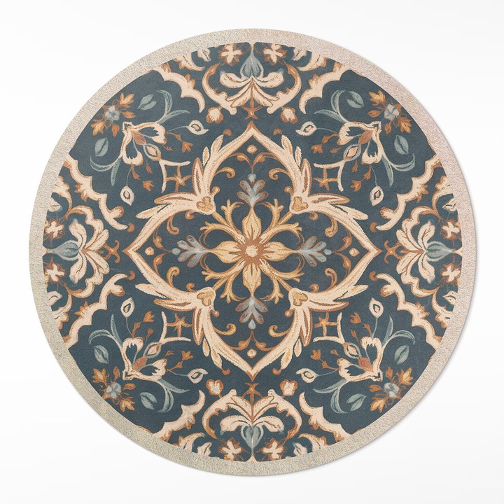 Covor de vinil, Wallfluent, Vegetal, Albastru, Ø 90 cm, Rotund, PVC, 010260360880000281985