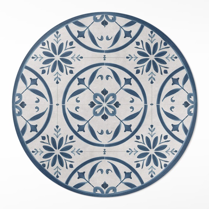 Covor interior din vinil, Wallfluent, Placi, Albastru, Ø 130 cm, Rotund, PVC, 010260360810000282018