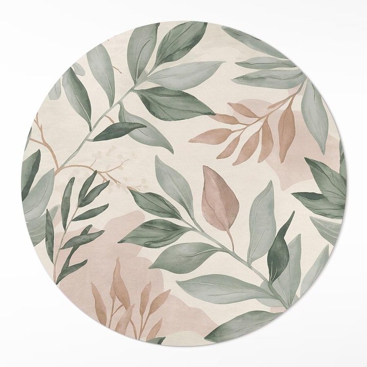 Covor de vinil, Wallfluent, Crengute si frunze, Verde deschis, Ø 100 cm, Rotund, PVC, 010260360780000281970
