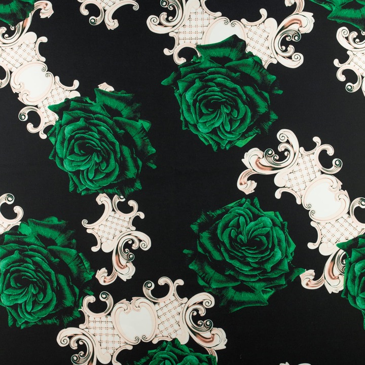 Tesatura pentru cusut fete de masa, perdele, rochii, taiata 150x50cm, Flori Verzi De Culoare Neagra