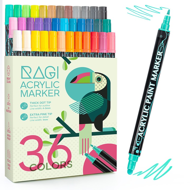 Set 36 Markere Acrilice, RAGI, Uscare rapida, Permanente, Impermeabile, Durabile, Non-Toxice, Pentru toate Suprafetele, Multicolor Pentru Hartie, Piatra, Sticla, Ceramica, Lemn, Textile, Panza