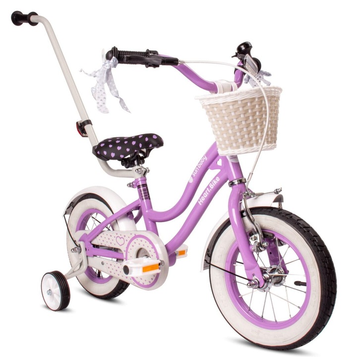 Велосипед за момичета, Sun Baby, Heart Bike, 12 инча, 2 - 4 години, кошница, водач, странични колела, стоманена рамка, лилав