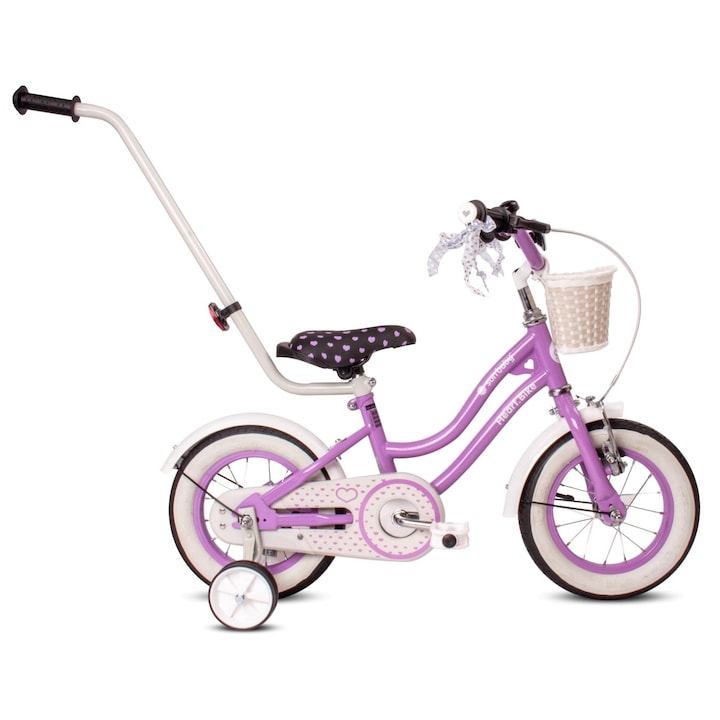 Bicicleta pentru fete, Sun Baby, Heart Bike, 12 inch, 2 - 4 ani, Cos, Ghid, Roti laterale, Cadru din otel, Violet