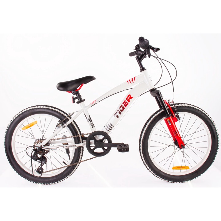 Велосипед за момчета, Sun Baby, Tiger Bike, 20 инча, 6 - 10 години, стоманена рамка, 6 скорости Shimano Tourney, скоростна кутия Revoshift, амортисьор, широки гуми, бяло/червено