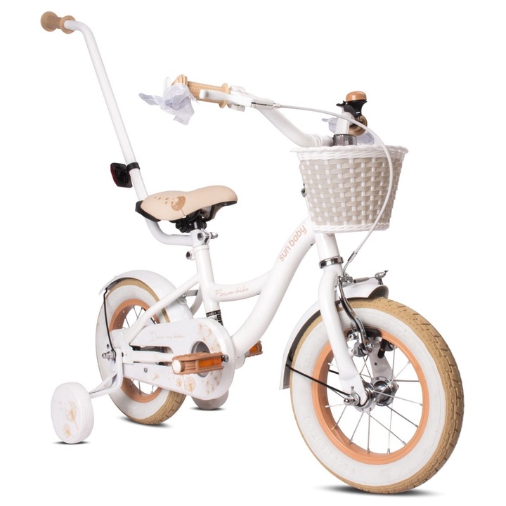 Велосипед за момичета, Sun Baby, велосипед на цветя, 12 инча, 2 - 4 години, кош, водач, странични колела, стоманена рамка, 90x50x67 см, бяло/бежово