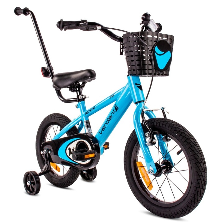 Велосипед за момче, Sun Baby, Verdant Rowan, 14 инча, 3-5 години, жабка, стоманена рамка, с дръжка за бутане, тренировъчни колела, кош, син