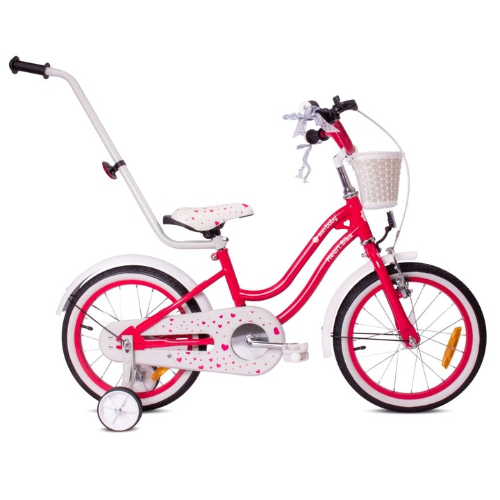 Bicicleta pentru fete, Sun Baby, Heart Bike, 16 inch, 4 - 6 ani, Cos, Ghid, Roti laterale, Cadru din otel, 105x48x77 cm, Roz zmeuriu