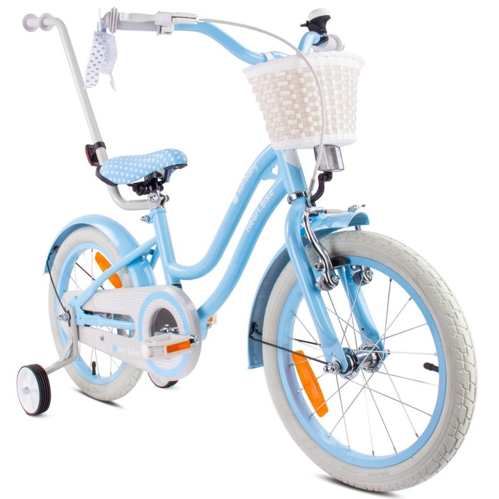 Lány kerékpár, Sun Baby, Silver Moon, 16 hüvelykes, 4-6 év, kosár, vezető, oldalsó kerekek, acél váz, kék