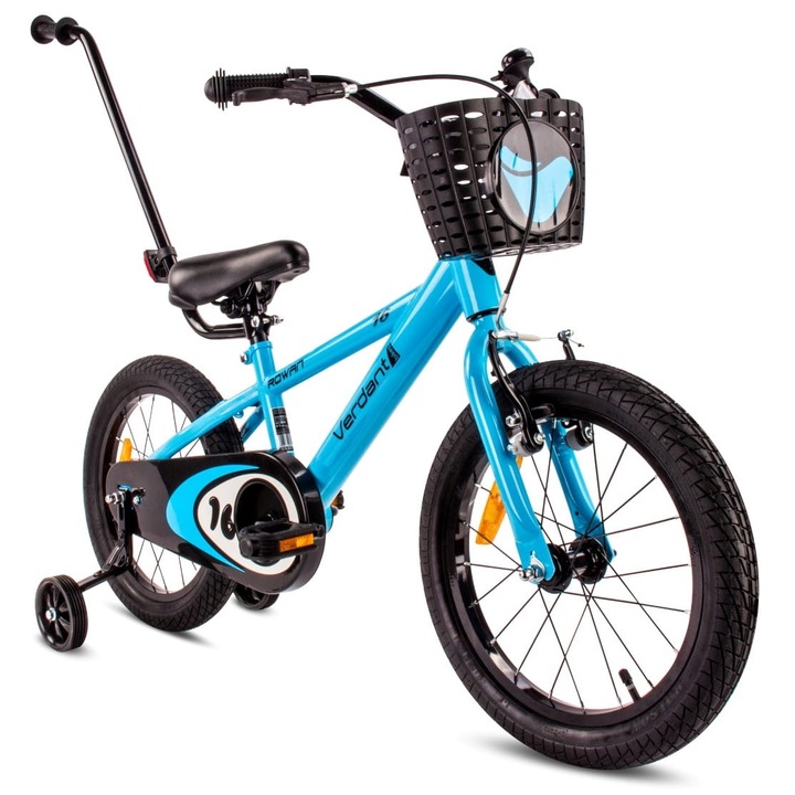 Fiú bicikli, Sun Baby, Zöld Rowan, 16 colos, 4-6 éves, kesztyűtartó, acél váz, tolókarral, edzőkerekekkel, kosárral, Kék