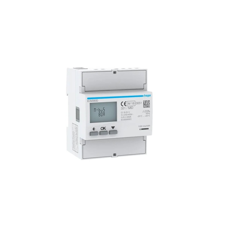 Metru de energie triphasic Hager 80A, LCD, comunicare M-Bus si Modbus, 25mA-80A