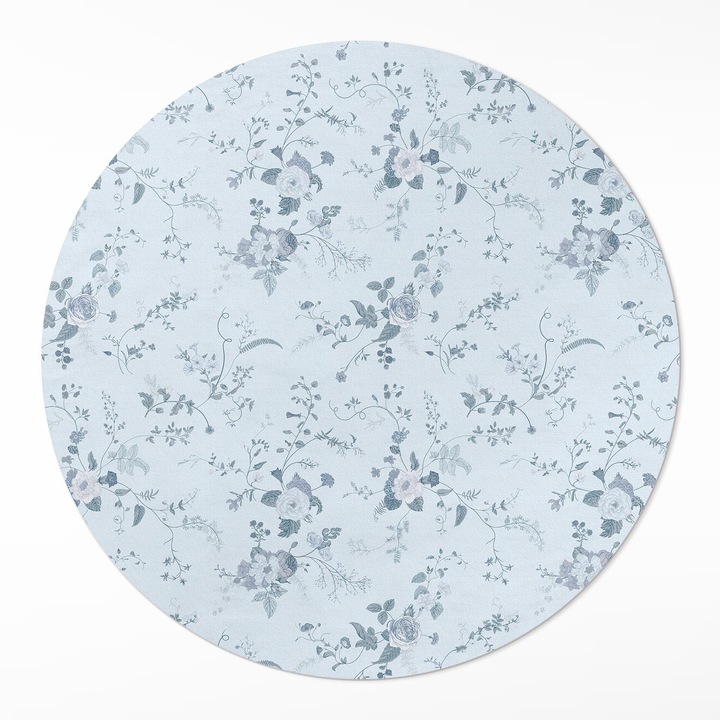 Covor interior din vinil, Wallfluent, Flori subtile, Albastru, Ø 140 cm, Rotund, PVC, 010260360820000033557